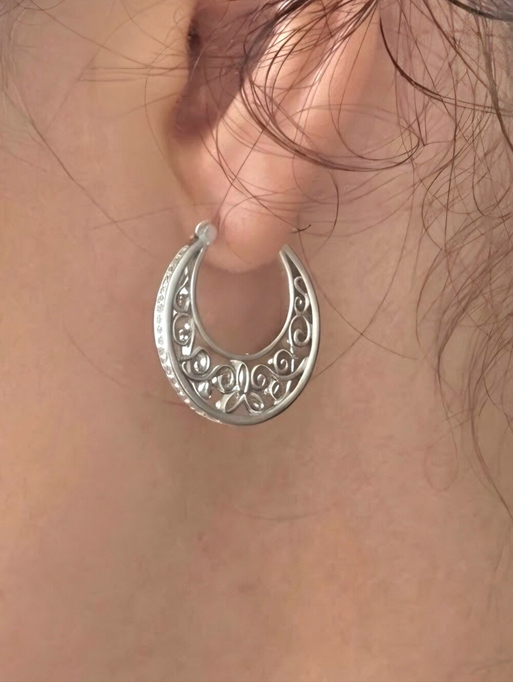 Silver Plated Filigree Crescent Hoop Earrings - Silver